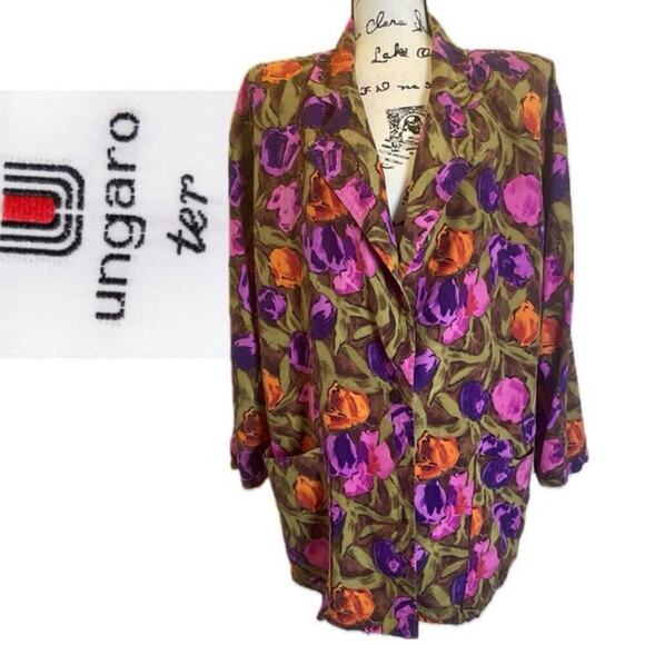 VINTAGE 80’s UNGARO TER BLAZER 100% SILK SZ 8 FLORAL CHIC PREPPY ECLECTIC STYLE - Picture 1 of 16